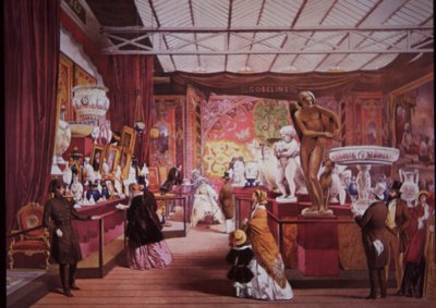 Besøkende strømmer til den store utstillingen i 1851 for å se kunst- og vitenskapsutstillinger av British School