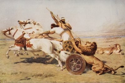 Nimrod, en mektig jeger, illustrasjon fra «The Outline of History» av H.G. Wells, bind I, utgitt i 1920 (fargelitografi) av Briton (after) Riviere