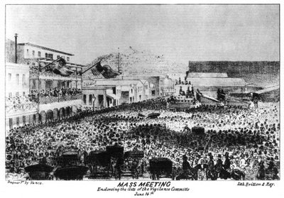 Et massemøte utenfor Fort Vigilant, Sacramento, California, 1856 1937. av Britton and Rey