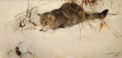 En katt som forfølger en mus i snøen av Bruno Andreas Liljefors