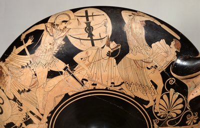 Loftskopp med rød figur som viser scener fra den trojanske krigen, ca. 490 f.Kr. (keramikk) (detalj) av Brygos Painter