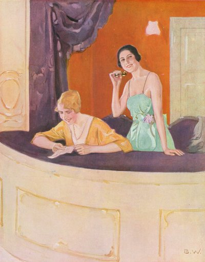 To kvinner i en loge i operaen (fargelitografi) av Brynolf Wennerberg