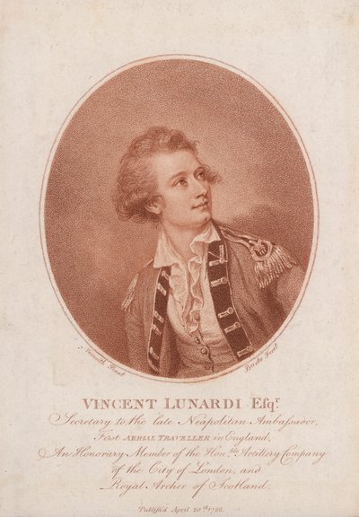 Vincenzo Lunardi , banebrytende italiensk ballongist (gravering) av Burke Nesmith