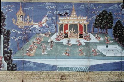 Ma 565 Kong Nimi i sin guddommelige vogn sendt av Indra og ledet av engelen Matali, besøker himmelen og finner kvinner med uforlignelig skjønnhet, fra Nimi Jataka, 1869 av Burmese School