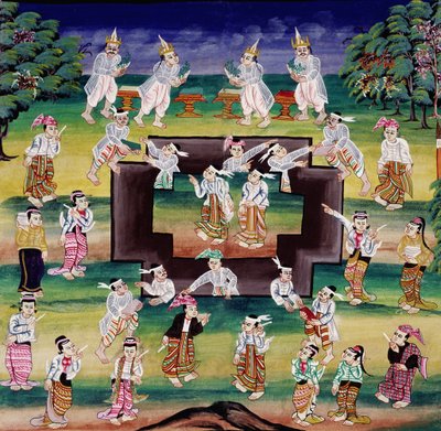 Merit making scene, side fra et manuskript av Burmese School