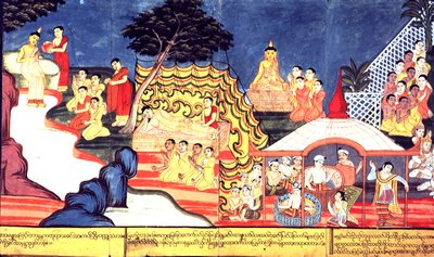 Eller 14298 fol.16-17 Buddha bader, ca. 1800-20 (gouache på papir) av Burmese School