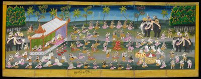 Parabaik-bilde, som viser kongelig festival på vann, eller 16761, f. 28r (papirbrettebok) av Burmese School