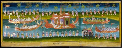 Parabaik-bilde, som viser kongelig festival på vann, Royal Barge-prosesjon, eller 16761, f. 35r (papirbrettebok) av Burmese School