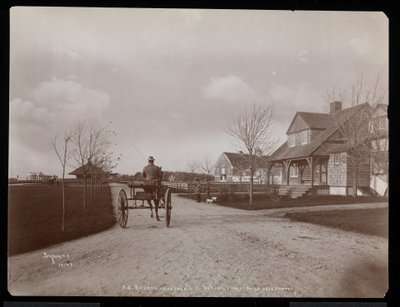 Oversikt over hus og bygninger ved F.G. Bournes eiendom i Oakdale, Long Island, New York, 1900 (sølv gelatintrykk) av Byron Company