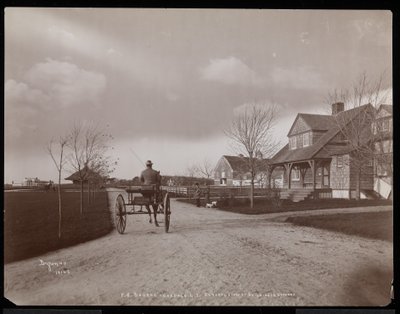 Oversikt over hus og bygninger ved F.G. Bournes eiendom i Oakdale, Long Island, New York, 1900 (sølv gelatintrykk) av Byron Company