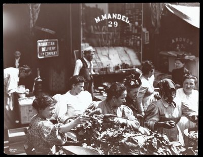 Utsikt over kvinner som handler grønnsaker fra en kjøpmann på Hester Street, New York, 1898 (sølv gelatintrykk) av Byron Company