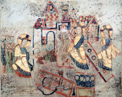 Bysantinsk kunst: "" Representasjon av Frelseren Kristus som hogger ned portene til underverdenen, knuser Satan og frigjør sjeler""" Miniatyr fra "Exultet"" fra begynnelsen av det 11. århundre Museo Diocesano, Gaeta av Byzantine