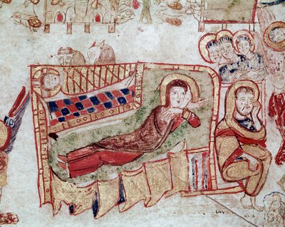 Bysantinsk kunst: "" Fødselen og bebudelsen til hyrdene"" Miniatyr hentet fra "" Exultet"" fra begynnelsen av det 11. århundre Museo Diocesano, Gaeta av Byzantine