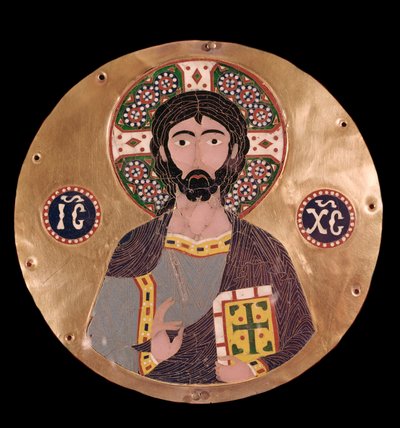 Bysantinsk kunst: "" christ pantocrator"" (Kristus i herlighet) Jesu Kristi aureol er merket med et kors og kan leses på christogrammet ICXC - Emalje fra det 10. århundre Madrid, Museo Lazaro Galdiano - Bysantinsk kunst: Kristus Pantocrator (Kristus) i Glo av Byzantine