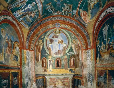 Kapell av Saint Eldrad og Saint Nicholas med romanske fresker i bysantinsk stil, slutten av 1000-tallet, Novalesa Abbey, Piemonte, Italia av Byzantine