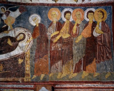 Jomfruens sove blant apostler, detalj, bysantinsk freskomaleri (1200-tallet), Gulsehir Karsi Kilise (Church of St John), Goreme (Unescos verdensarvliste) av Byzantine
