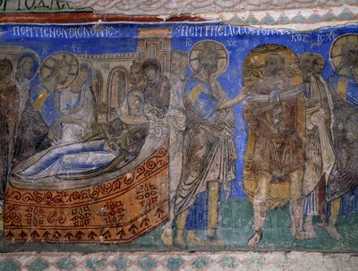Helbredelse av Simon Peters svigermor og paralytiske mann, bysantinsk freskomaleri (1100-tallet), Tokali Kilise (Spennekirken) (1100-1200-tallet), Goreme (Unescos verdensarvliste av Byzantine