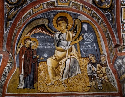 Hellige kvinner ved graven og engelens utseende, bysantinsk freskomaleri (1100-tallet), Karanlik Kilise (Dark Church) (1100-1200-tallet), Goreme (Unescos verdensarvliste) av Byzantine