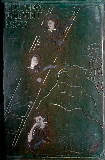 Jakob ser i drømme englene stige opp og ned av bronsedørflisskalaen laget i Konstantinopel i 1076. Monte Sant 
