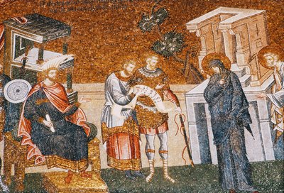 Maria og Josef før Cyremius meldte seg inn for skatten, med en vakt, en skriver og en offiser, ca. 1300-tallet (mosaikk) (detalj fra 119636) av Byzantine