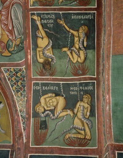 Den fordømte: Ågermannen og den syndige nonne (over), den bortkomne presten og den dårlige moren (under) (fresco) av Byzantine