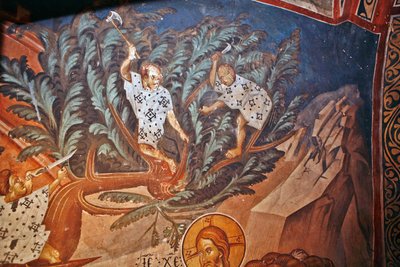 Kristi inntog i Jerusalem. Detalj: Barn som skjærer palmegrener - Peinture de Damiane (aktivt 1300-tall) - 1300-tallet - Fresco - Saint George
