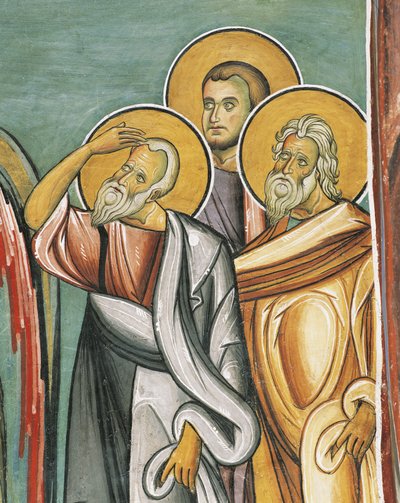 Tre personer i en kirke, Panagia tou Araka, bysantinsk, Troodos-fjellene, Kypros av Byzantine