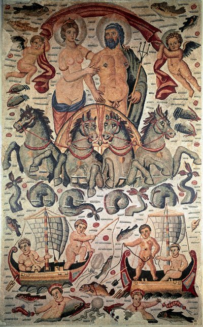Bysantinsk kunst: Triumf av Neptun og amfitritt. Neptun og Amphitrite nakne på en tank avfyrt av fire sjøhester. Mosaikk fra det 3. århundre. Mål: 3,1x1,96m. Louvre-museet, Paris av Byzantine Byzantine