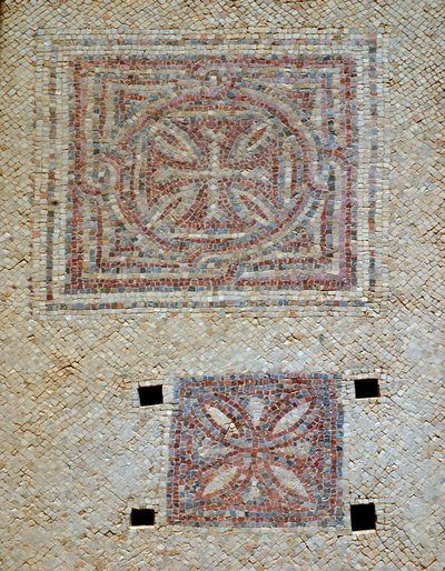 Detalj av kors fra mosaikkgulvet i den bysantinske kirken i Shoham, Israel, ca. 500-tallet e.Kr. (mosaikk) av Byzantine Byzantine