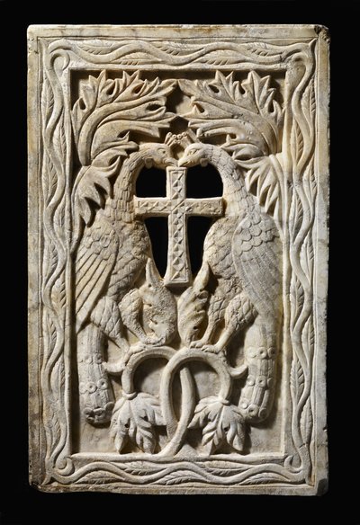 Panel med to påfugler, 501-700 (alabast) av Byzantine Byzantine
