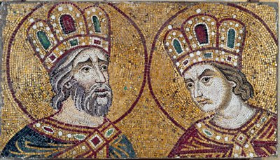 Den romerske keiseren Konstantin I, med Saint Helene, hans mor (mosaikkdetalj) av Byzantine Byzantine