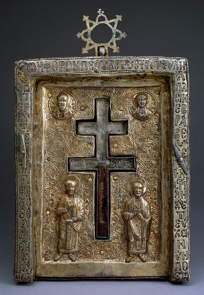 Korsrelikvieskrin av forgylt sølv staurothek, bysantinsk, 1100-tallet av Byzantine Byzantine