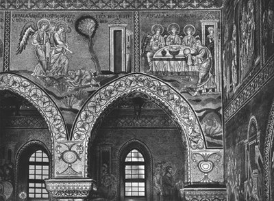 De tre englenes utseende for Abraham og Abrahams gjestfrihet, ca. 1182 (mosaikk) av Byzantine School