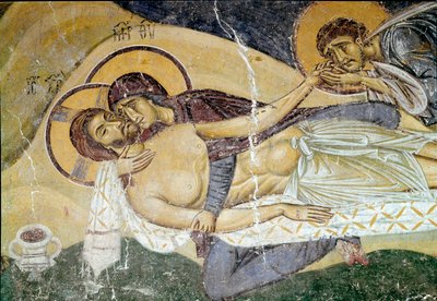 Bysantinsk kunst: "Lamentation on the Death of Christ"" Malerens freskomaleri fra 1100-tallet. Detalj. Nerezi, San Pantaleimone, Macedoine av Byzantine School