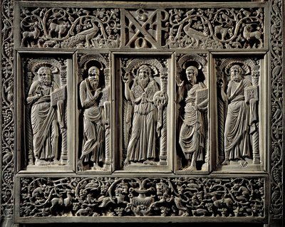 Bysantinsk kunst: "" Døperen Johannes og de fire evangelistene"" mindreverdig detalj av Chair of the Eveque of Ravenna Maximien (546-554) trone episcopal (cathedra) i elfenben, realiserer sannsynligvis en Konstantinopel Ravenna, Museo Arcivescovile (bysant av Byzantine School