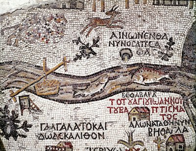Bysantinsk kunst: eldste kart over Palestina. Detalj som viser elven Jordan og munningen ved Dødehavet. Mosaikk fra 600-tallet. Madaba, St. George-kirken av Byzantine School