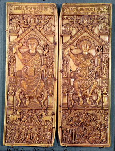 Konsulær diptyk av Anastasius (491-518) skåret i Konstantinopel, teodosisk stil, 517 e.Kr. av Byzantine School