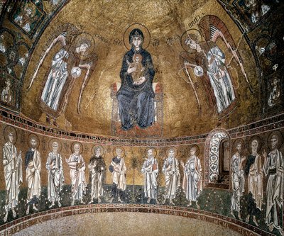 Tronet jomfru med erkeengler og apostler (mosaikk) av Byzantine School