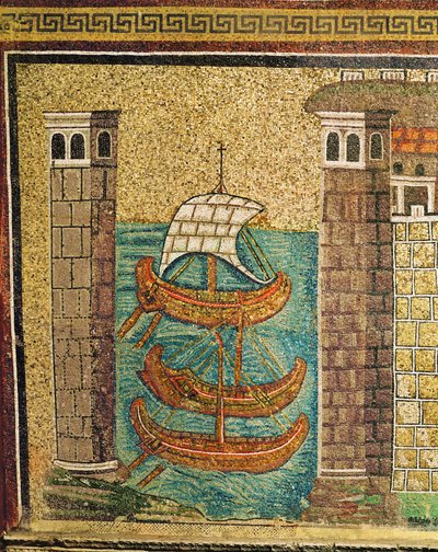 Inngang til havnen i Classe, havnetårn og tre skip, detalj, 6. århundre (mosaikk) av Byzantine School