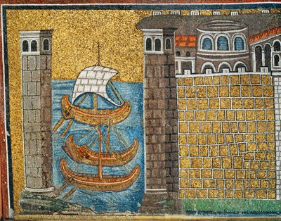 Inngang til havnen i Classe, havnetårn og tre skip, detalj, 6. århundre (mosaikk) av Byzantine School