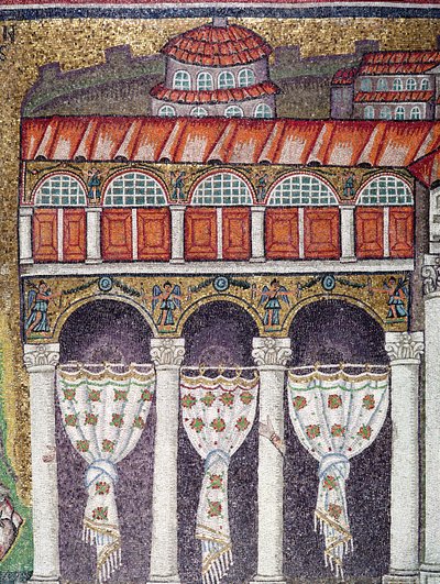 Venstre fløy av Palazzo di Teodorico, 527-99 (mosaikk) (detalj av 224988) av Byzantine School