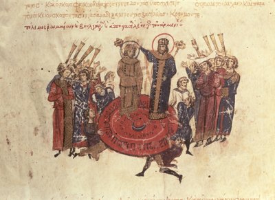 MMS Vitr. 26-7 Keiser Michael I Rangabes kronet av Nicephorus i 811, fra Madrid Skylitzes av Byzantine School