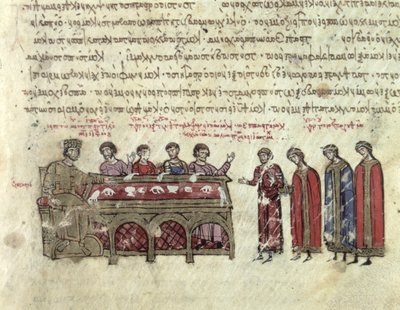 MMS Vitr. 26-7 Spådommer om keiseren Michael II (820-829) fra kapittel III av Madrid Skylitzes (vellum) av Byzantine School