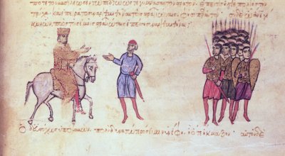 MMS Vitr 26-7 Den bysantinske hæren setter bulgarerne fra Tzar Krum på flukt, fra Madrid Skylitzes (blekk og gull på vellum) av Byzantine School