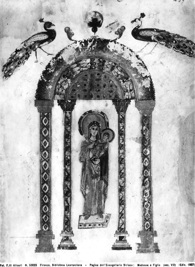 Madonna og barn, folio fra Rabula-evangeliene, 586 e.Kr. (tempera på vellum) av Byzantine School