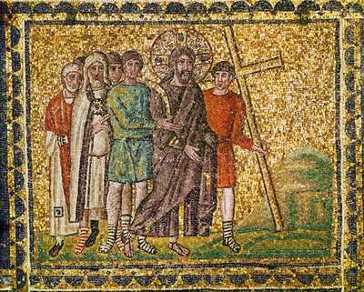 Bæringen av korset. Kristus, soldater og yppersteprester på vei til Golgata, 6. århundre (mosaikk) av Byzantine School