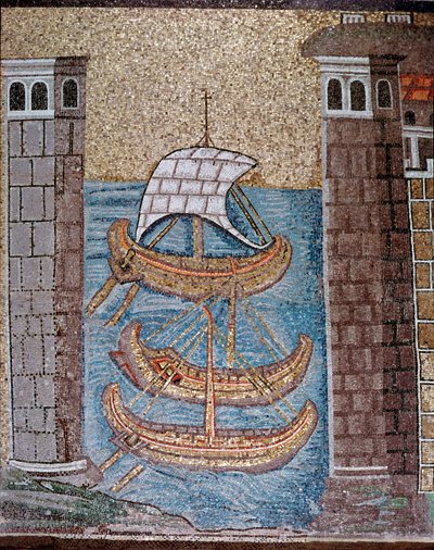 Utsikt over båter i havnen i Class (Detalj av mosaikk, 600-tallet) av Byzantine School