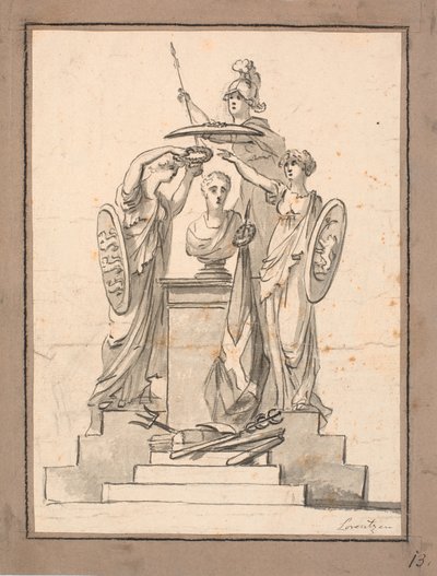 En byste (Fr. VI?) er kronet av tre kvinner med våpenskjold av C.A. Lorentzen