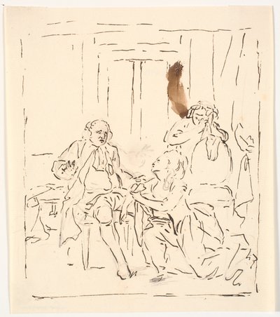 En kvinne kneler foran en sittende mann. I bakgrunnen en gråtende kvinne som lener seg på en stol. Teaterscene? av C.A. Lorentzen