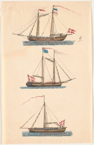 Tre marineskip med danske flagg. Åredrevet av C.A. Lorentzen